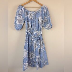 Bleuh Ciel Women’s‎ Large Floral Striped Blue Black White Off the Shoulder Dress